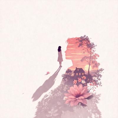 The primary subject of the image is a woman standing on a beach. She is wearing a white dress and appears to be looking at the sunset. The setting is a beach with a sunset in the background. The visual style is a combination of digital art and illustration, creating a beautiful and serene atmosphere. The colors are predominantly warm and muted, with the sunset providing a vibrant touch of orange and red.